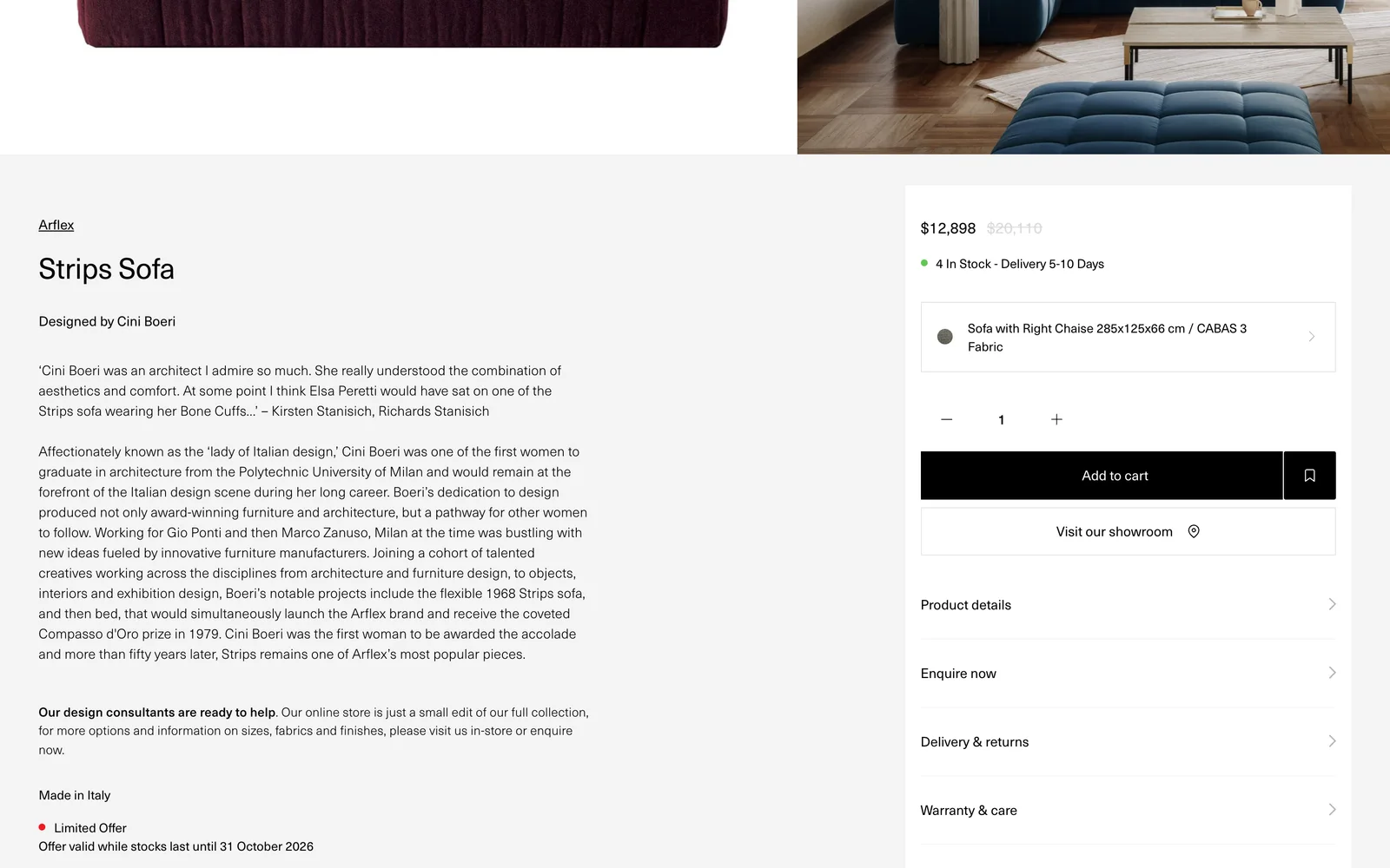 Space Furniture product page for the Arflex Strips Sofa by Cini Boeri at $12,898