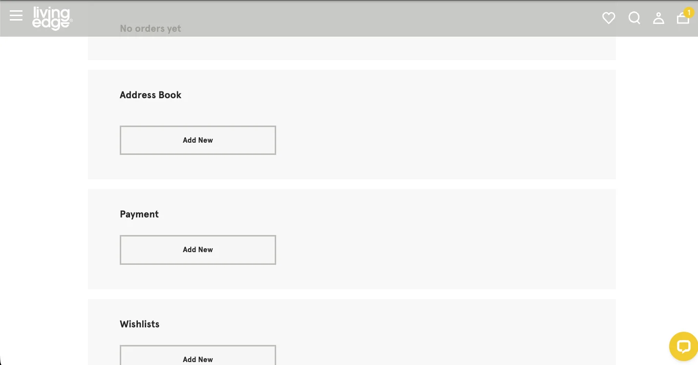 Living Edge account dashboard: empty Add New boxes for addresses, payment and wishlists