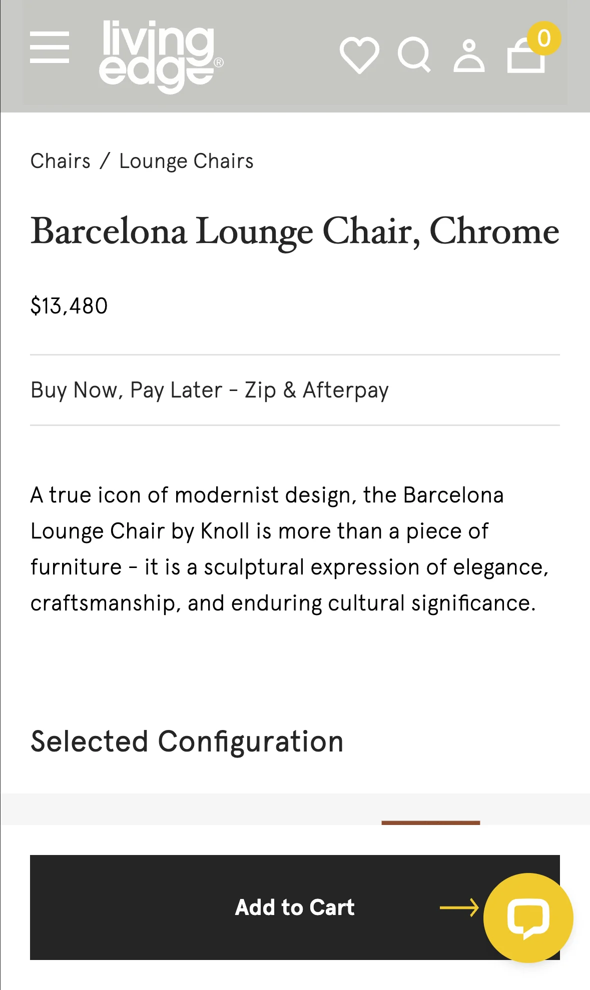 Living Edge mobile product page, Barcelona Lounge Chair